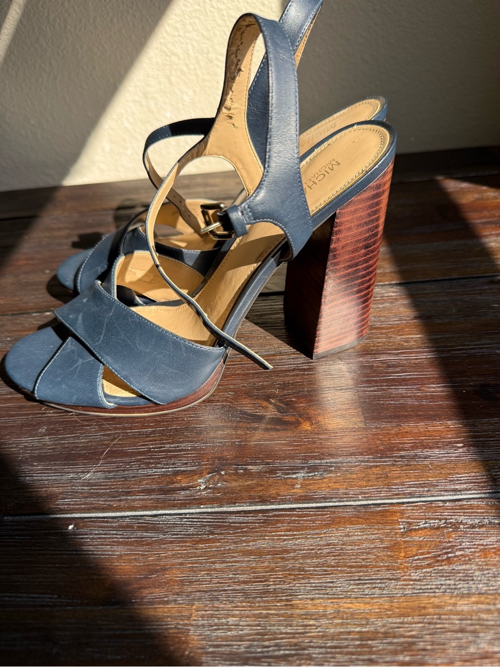 Michael Kors Navy Leather Crisscross Block Heel Sandals